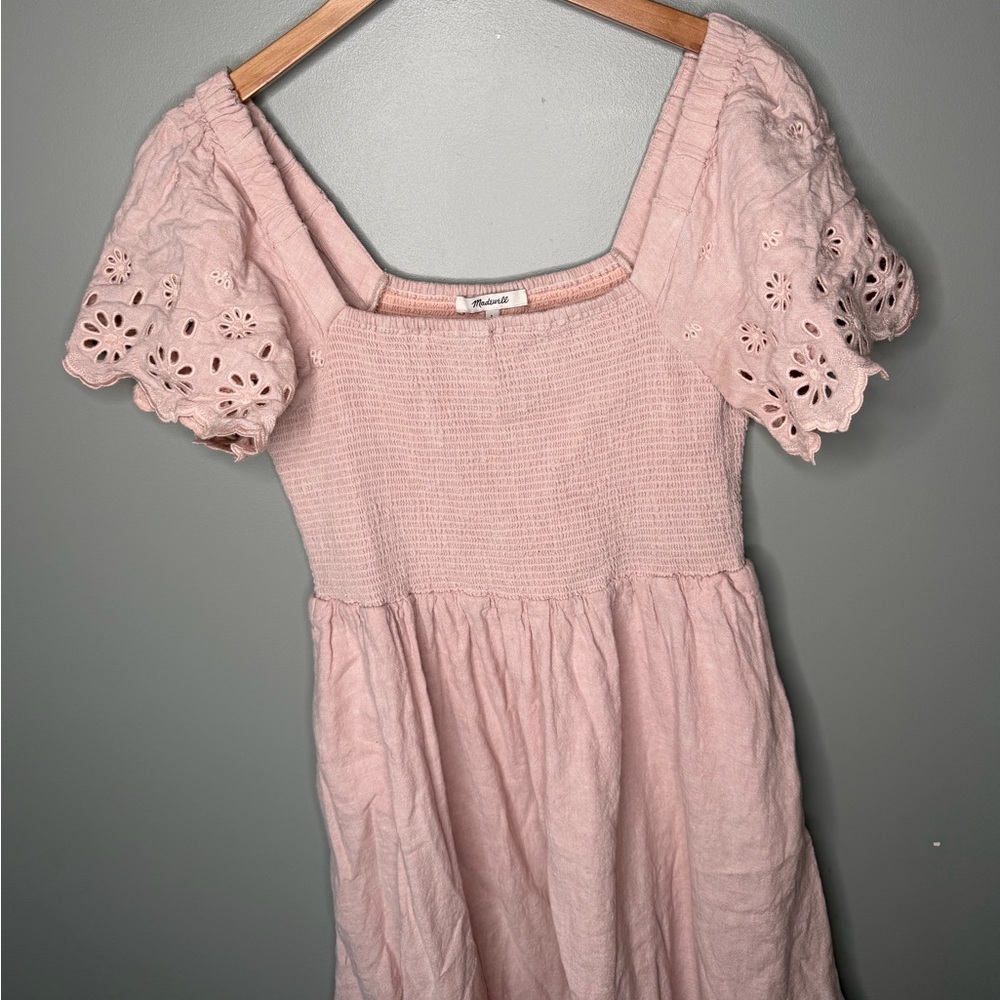 Madewell Linen-Blend Eyelet-Sleeve Lucie Smocked Midi Dress - Wisteria Dove - Picture 6 of 13